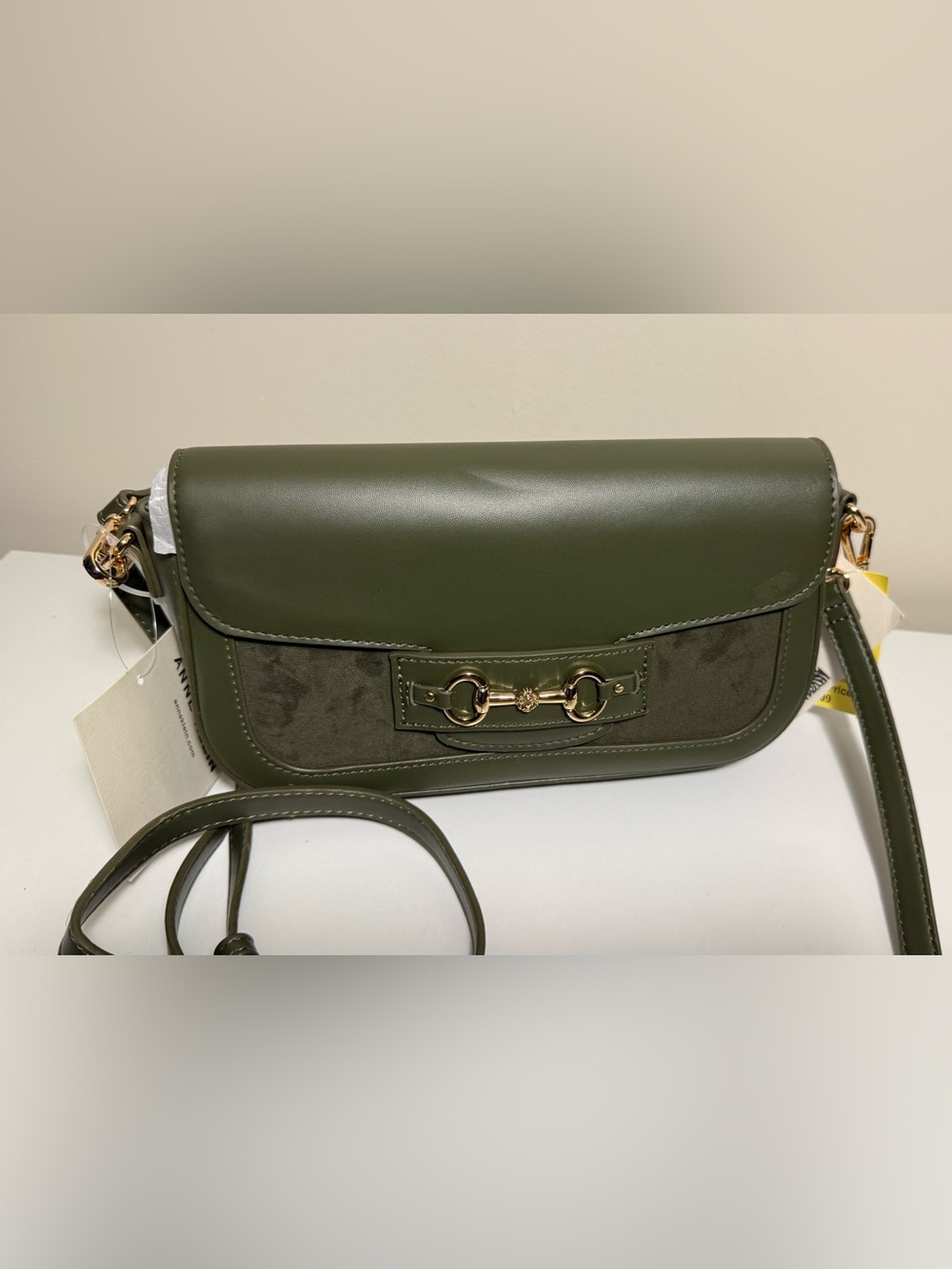 Anne Klein Olive Green Leather and Suede Shoulder Bag with Gold Hardware
